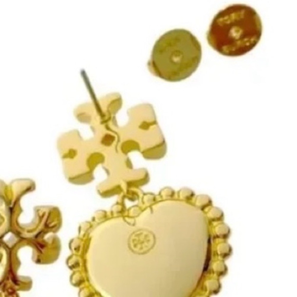 TORY BURCH ROXANNE GOLD LOGO PURPLE HEART DROP EARRINGS - Picture 4 of 9